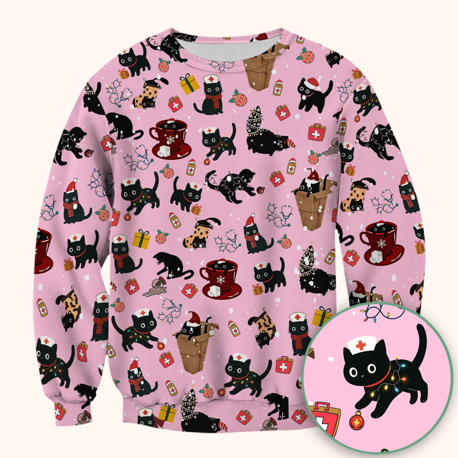 Christmas Cat Scrub Top for Nurse - Funny Black Cats Shirt - Cute Holiday Medical Uniform for Women