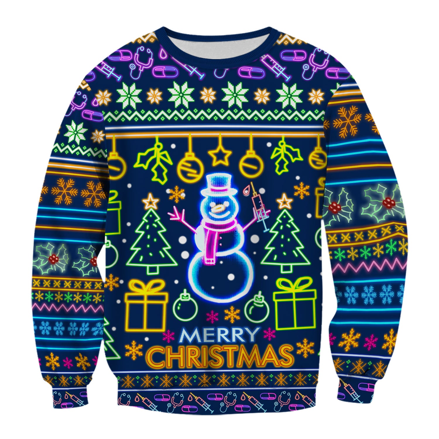 Neon Snowman Christmas Scrub Top for Nurses - Merry Christmas Holiday Lights Pattern - Funny Festive Medical Uniform for RN LPN CNA