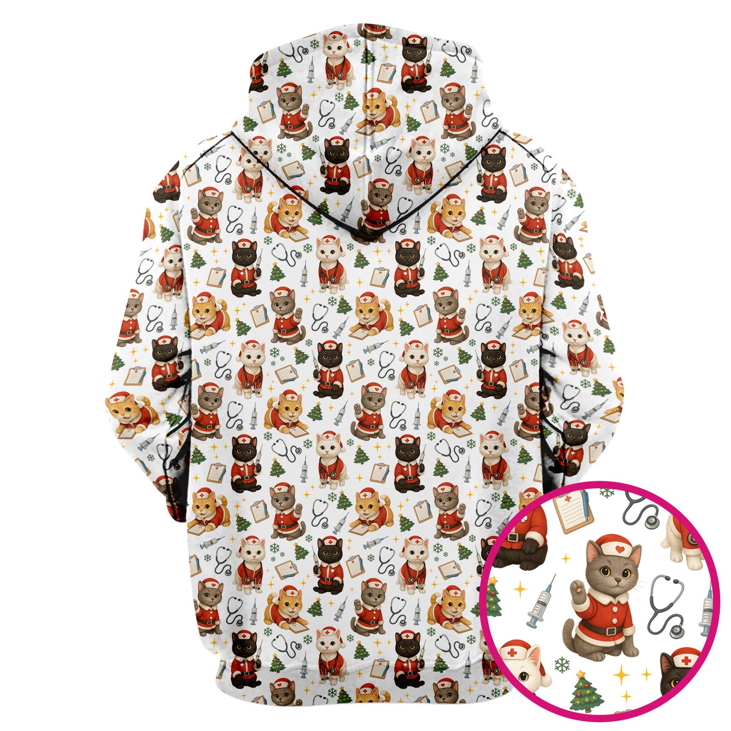 Funny Nurse Scrub Top for Women - Christmas Lucky Cat Design - Cute Holiday Nursing Shirt Gift for RN LPN CNA