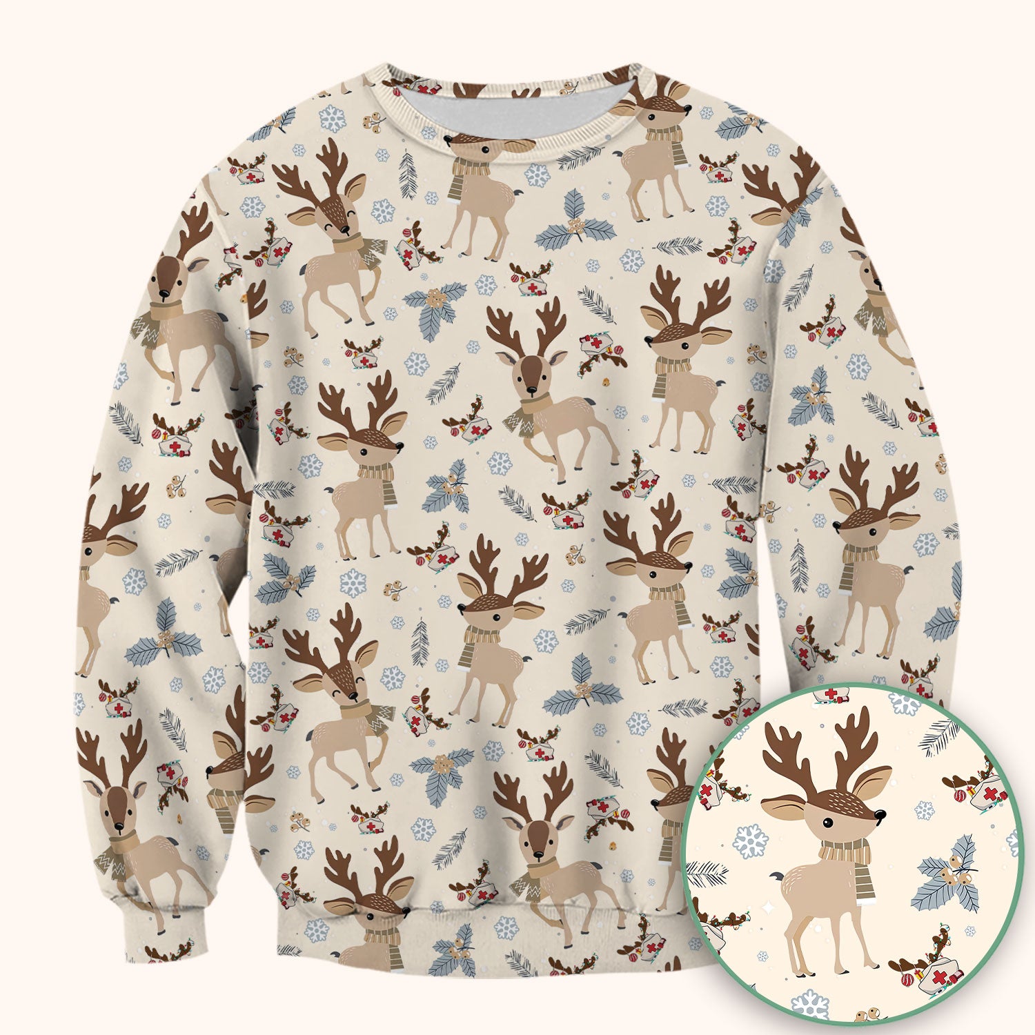 Reindeer Christmas Scrub Top - Cozy Beige Holiday Nurse Shirt with Cute Deer Pattern - Festive Medical Scrubs for Women RN CNA LPN