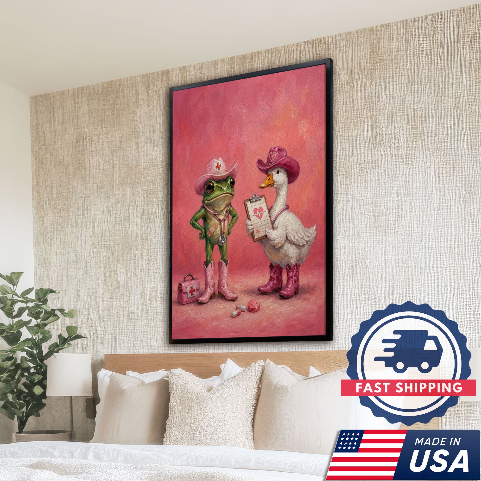 Cute Nurse Frog Duck Cowgirl Canvas Wall Art, Clinic Decor