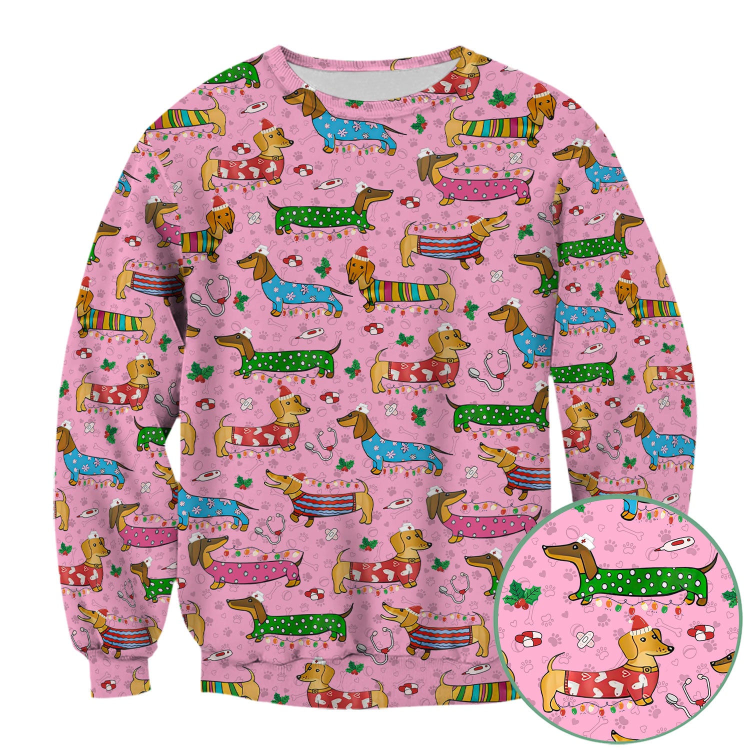 Christmas Dachshund Nurse Scrub Top - Cute Wiener Dog in Holiday Outfit - Funny Medical Shirt Gift for Women RN LPN CNA