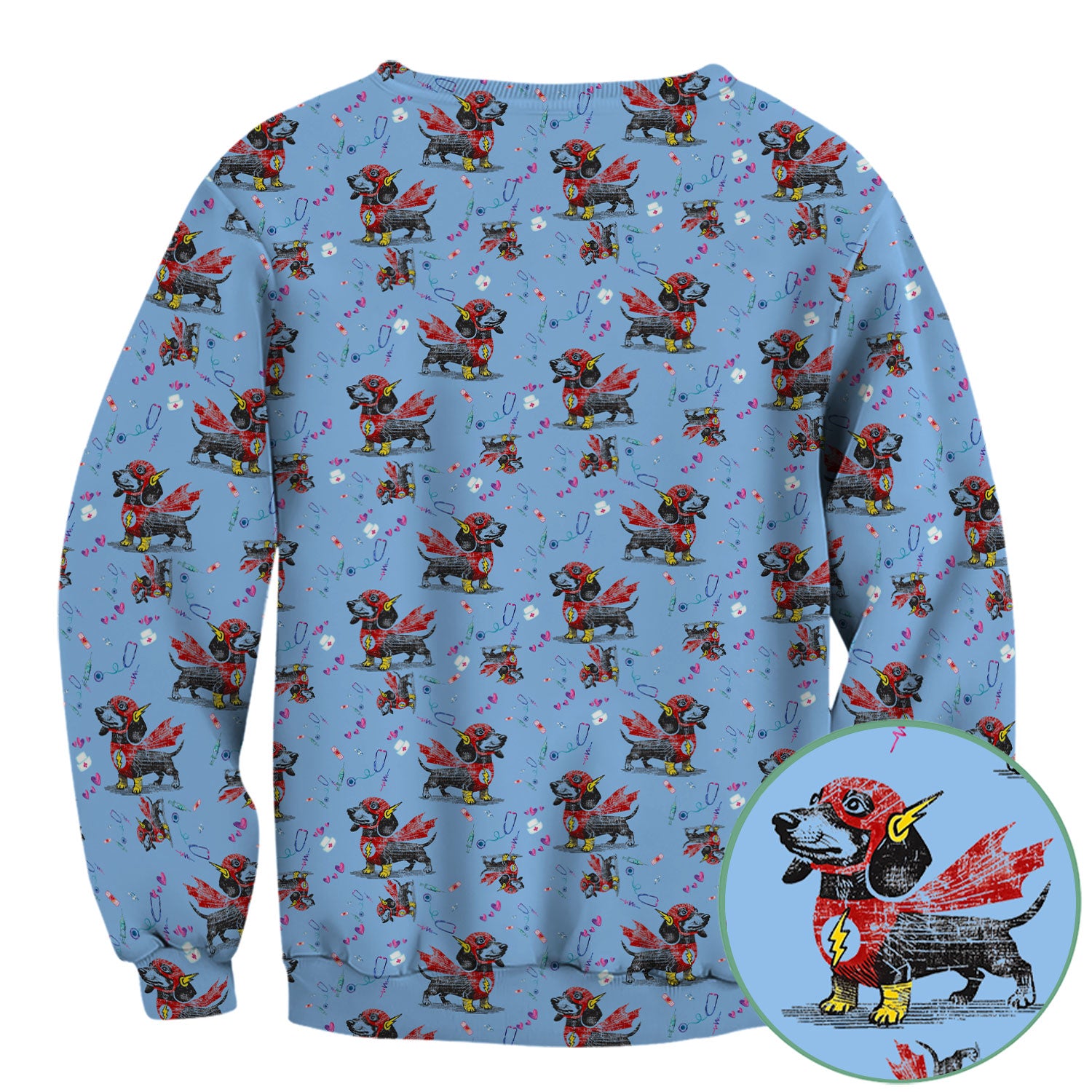 Dachshund Hero Scrub Top for Nurses - Super Nurse Funny Flash Dog Print Medical Uniform Shirt - Cute Sausage Dog Gift for RN CNA LPN