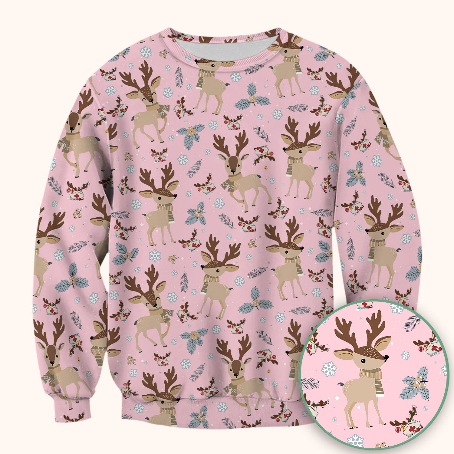 Reindeer Christmas Scrub Top - Cozy Beige Holiday Nurse Shirt with Cute Deer Pattern - Festive Medical Scrubs for Women RN CNA LPN