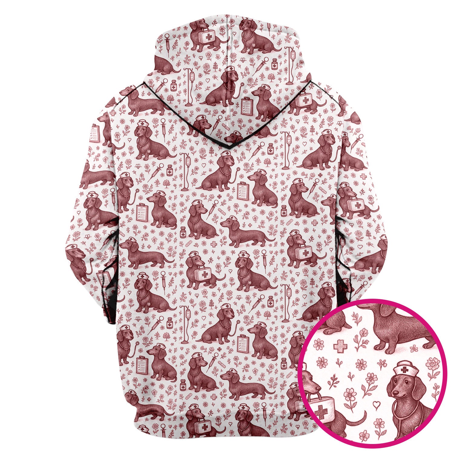 Dachshund Nurse Scrub Top - Cute Dog Pattern Scrubs for Women - Funny Medical Shirt with Vintage Line Art Design