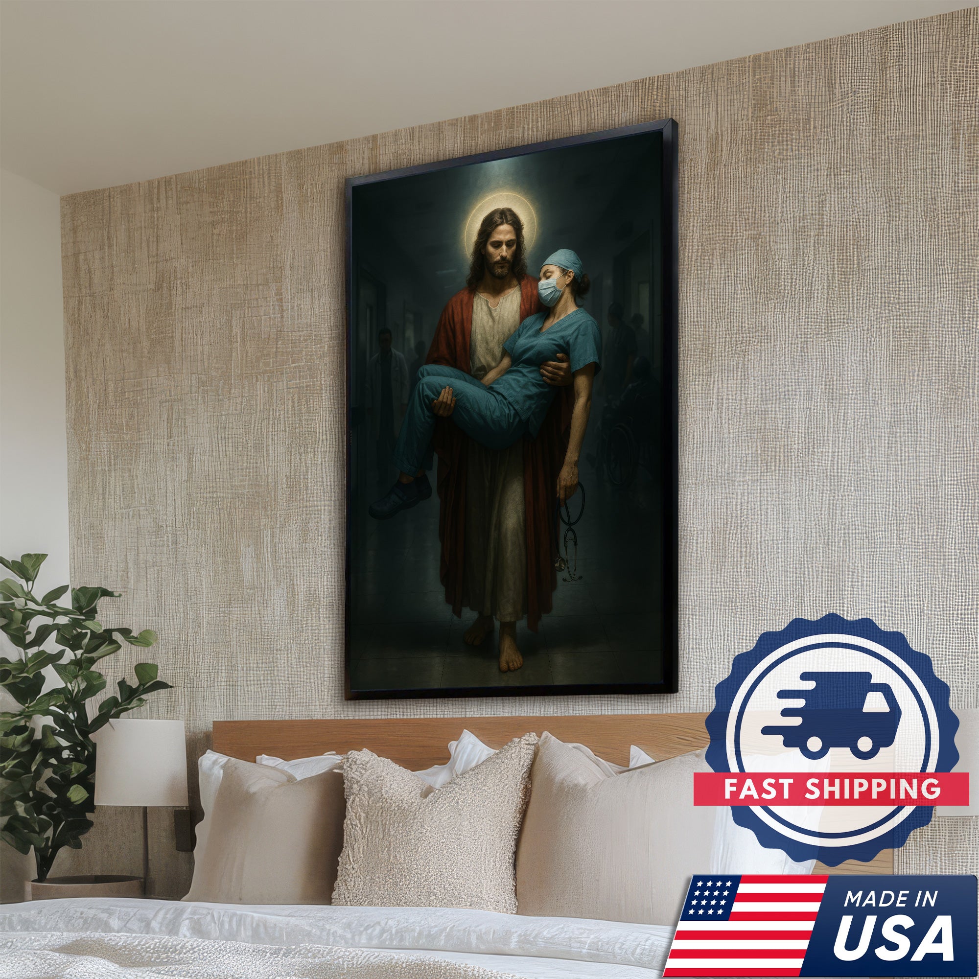 Jesus Carrying Nurse Canvas Wall Art, Christian Inspirational Gift, RN LPN CNA Gift