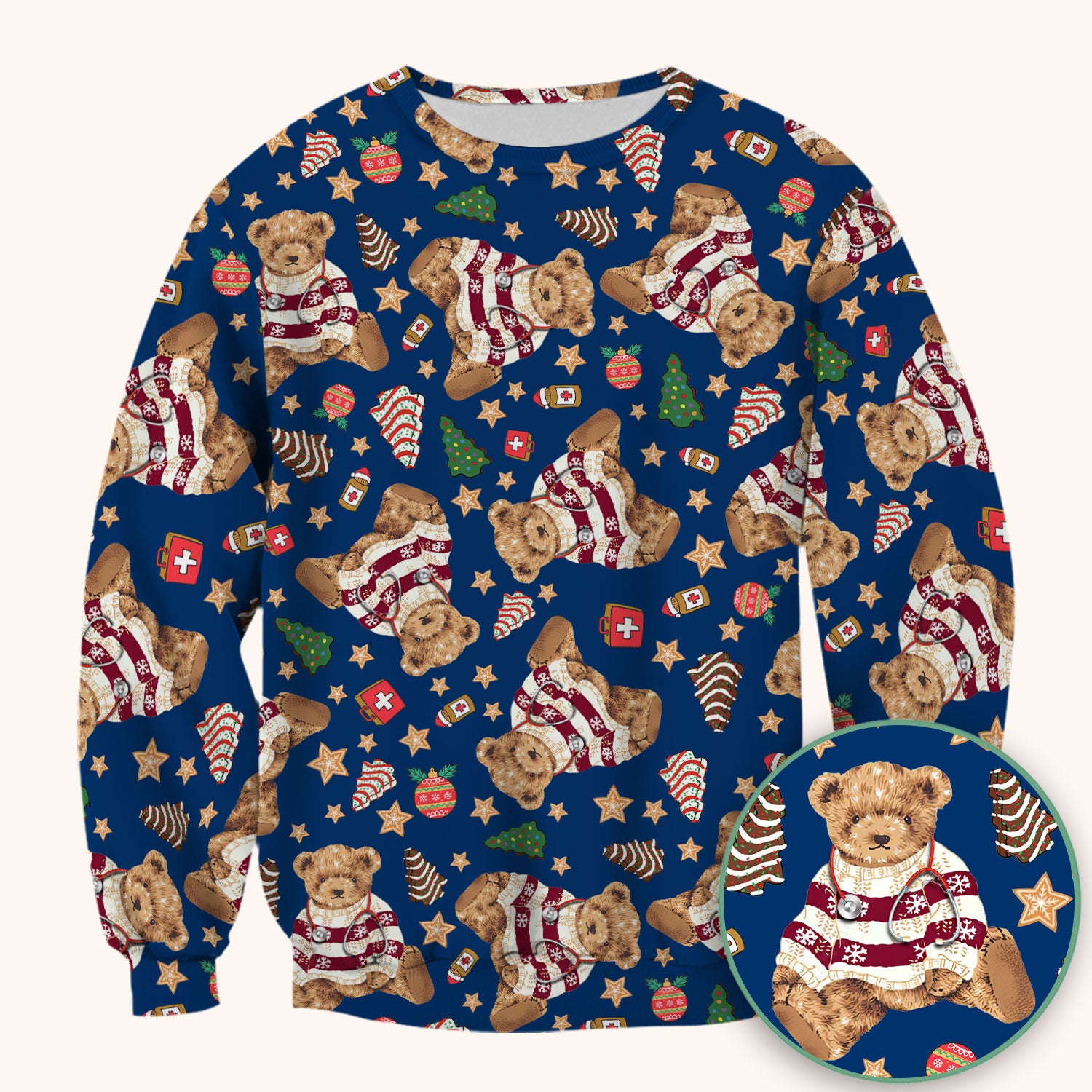 Teddy Bear Christmas Scrub Top - Cute Holiday Medical Pattern with Warm Sweater Bear - Gift for Nurses RN CNA LPN