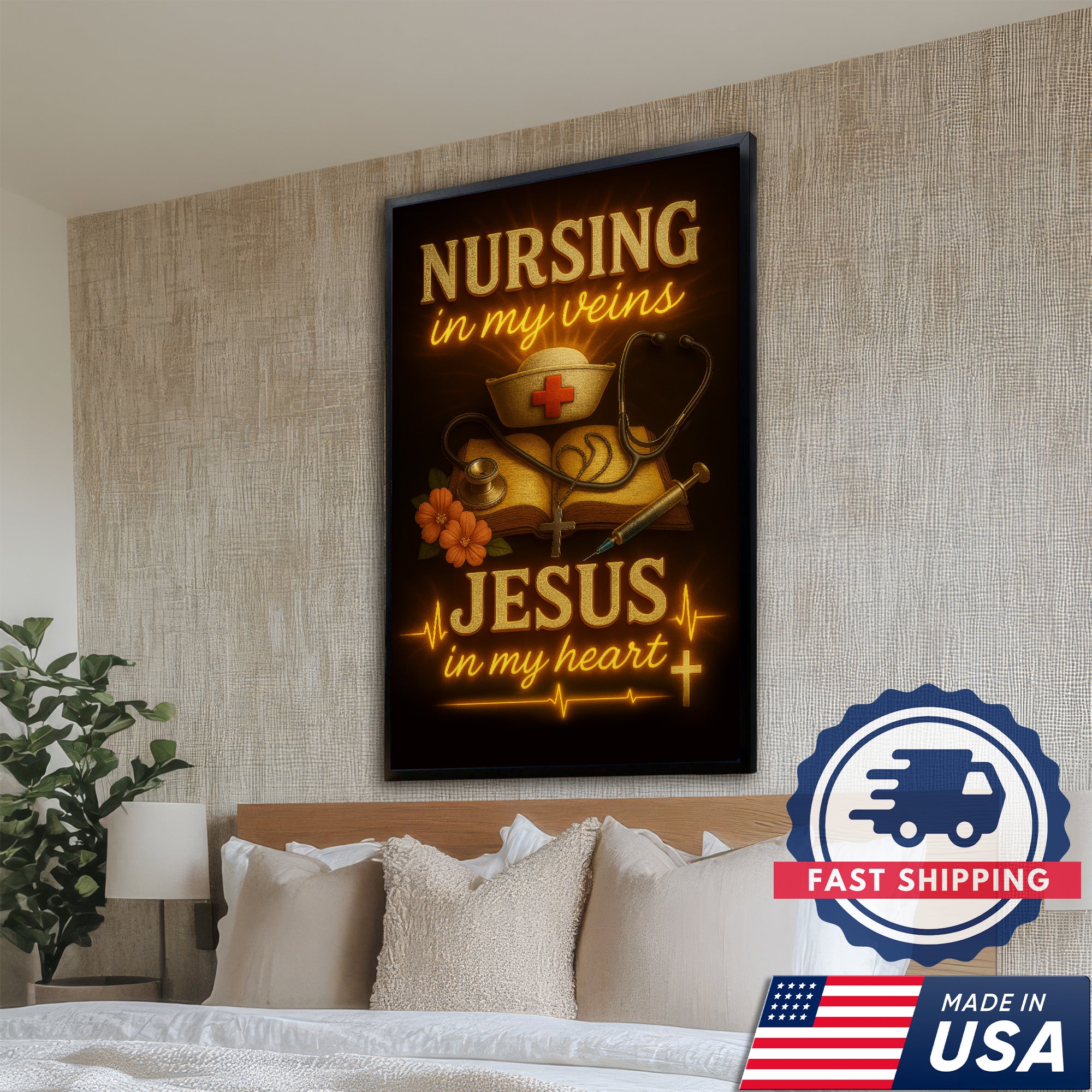 Christian Nurse Wall Art Canvas, Nursing in My Veins Jesus in My Heart, Gift for RN CNA LPN Women