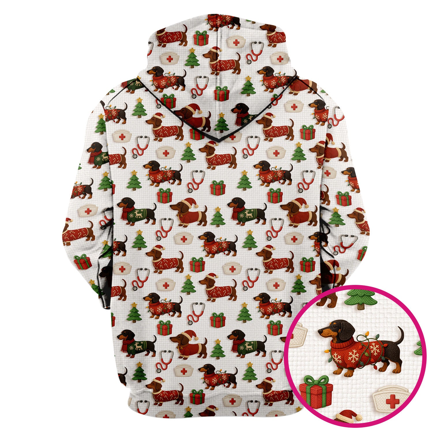 Custom Nurse Scrubs for Women - Dachshund Dog Christmas Print with Gifts & Holiday Tree - Multi Color Nursing Shirt Gift Idea