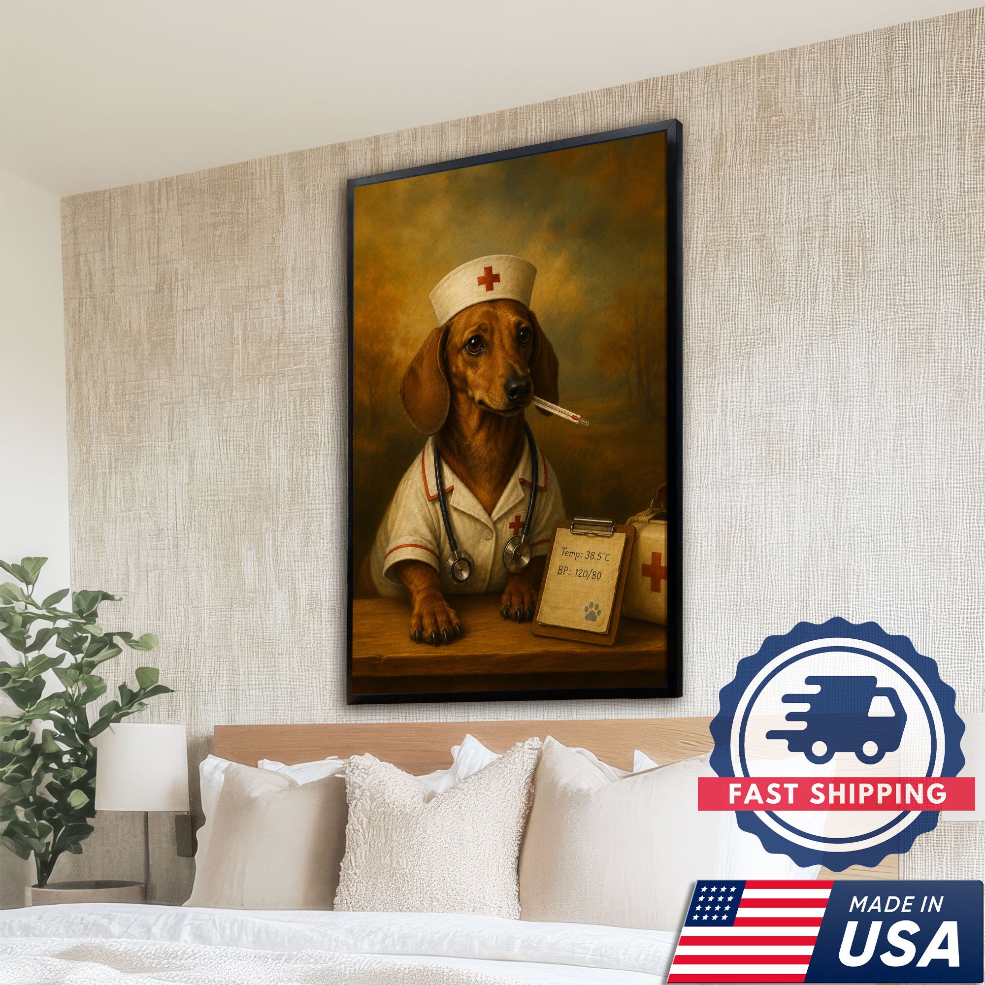Vintage Nurse Dachshund Portrait Canvas Wall Art, Heartfelt Medical Dog Artwork