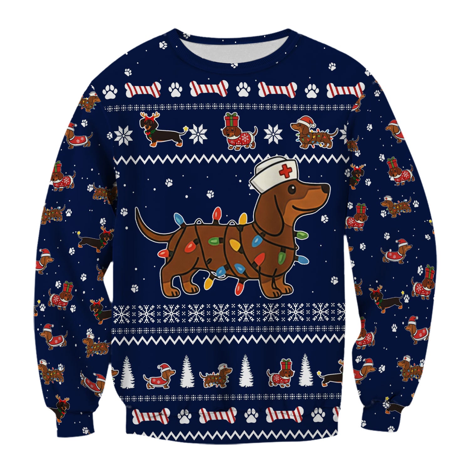 Christmas Dachshund Nurse Scrub Top for Women - Cute Sausage Dog Wearing Lights - Funny Holiday Medical Shirt Gift for RN CNA LPN