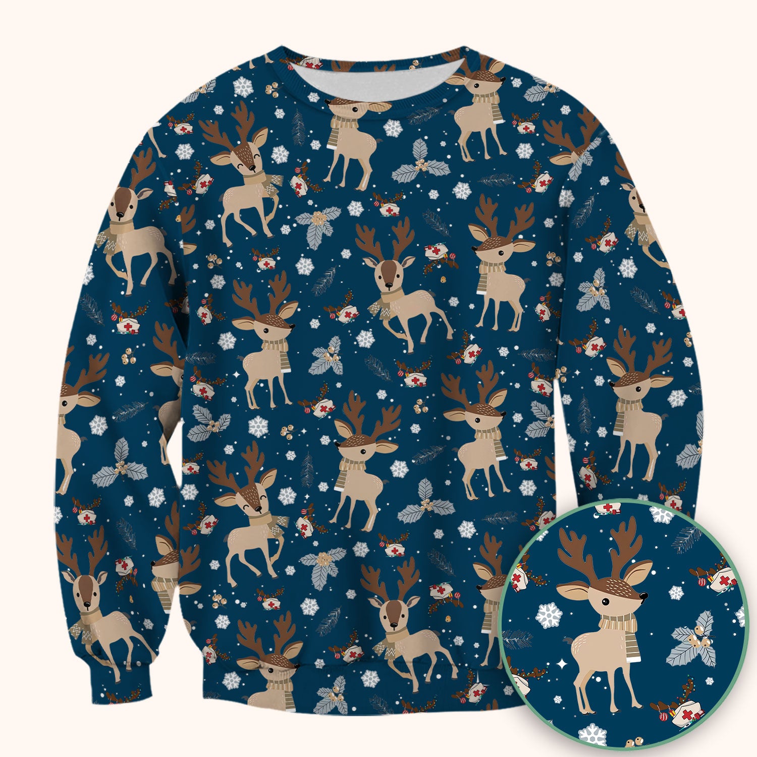 Reindeer Christmas Scrub Top - Cozy Beige Holiday Nurse Shirt with Cute Deer Pattern - Festive Medical Scrubs for Women RN CNA LPN