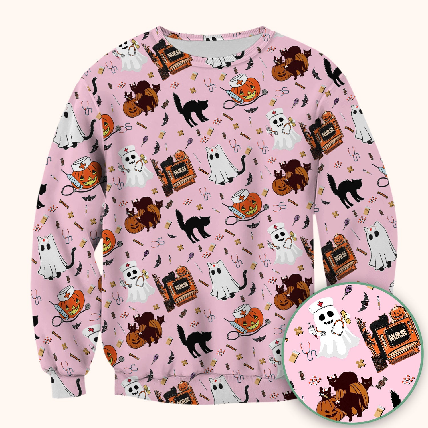 Halloween Scrub Top for Nurse - Cute Pumpkin Ghost Cat Medical Shirt - Spooky Scrubs for Women RN CNA LPN