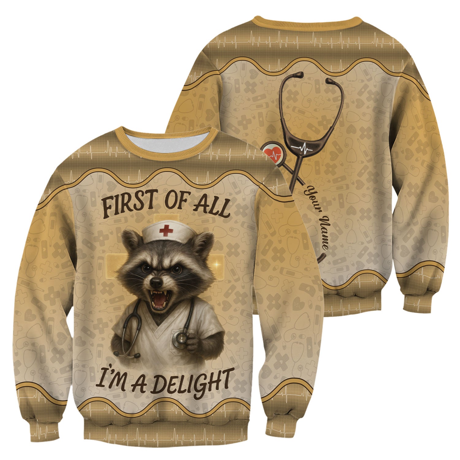 Funny Nurse Shirt with Raccoon - First Of All I'm A Delight - Personalized with Name - Cute Gift for RN CNA LPN Women in Healthcare
