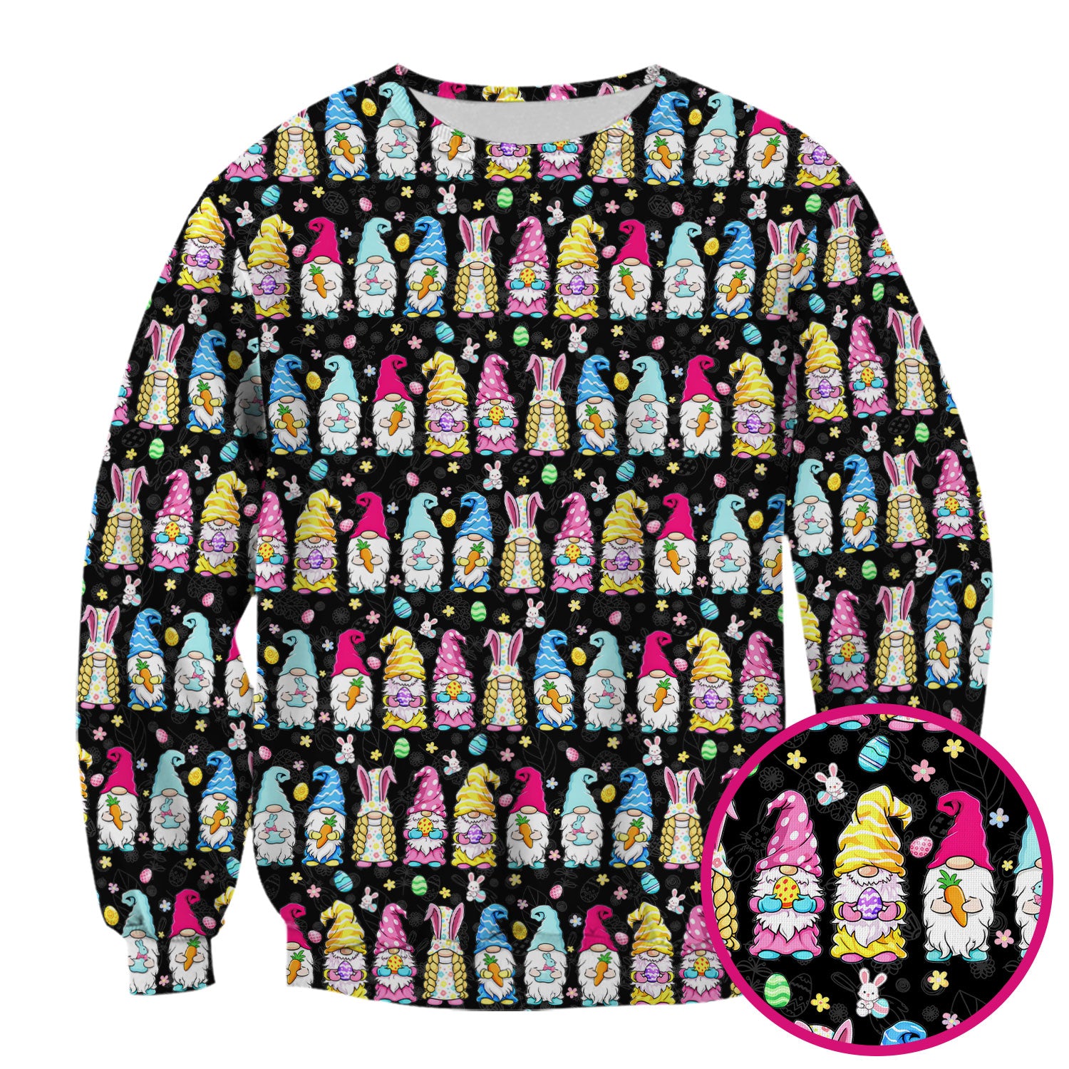 Colorful Easter Gnome Bunny Eggs Print Scrub Top, Comfortable Scrubs for Nurses