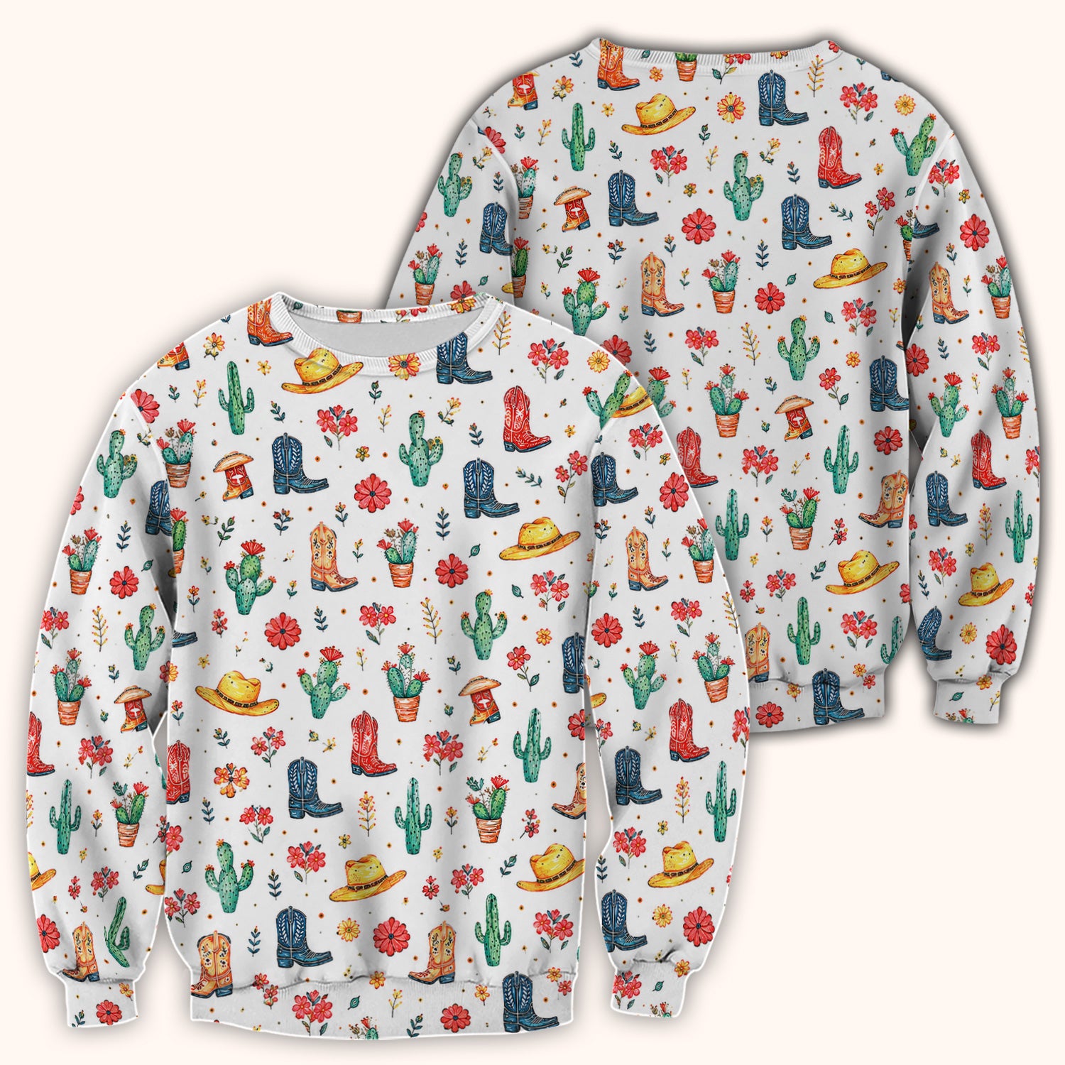 Whimsical Western Cactus Boots Pattern Scrub Top, Breathable Fabrics Nursing Uniform