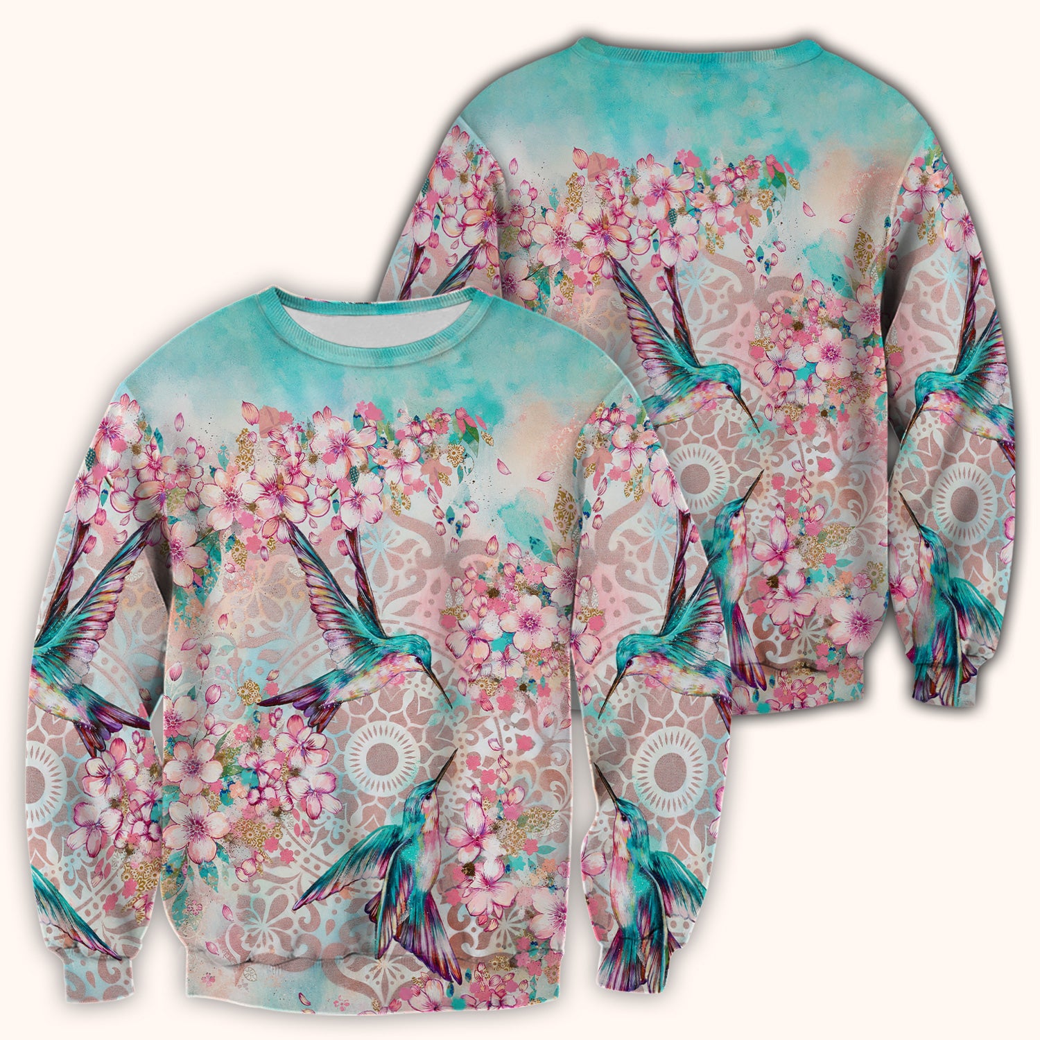 Charming Hummingbird Cherry Blossom Pattern Scrub Top, Comfortable Scrubs for Nurses