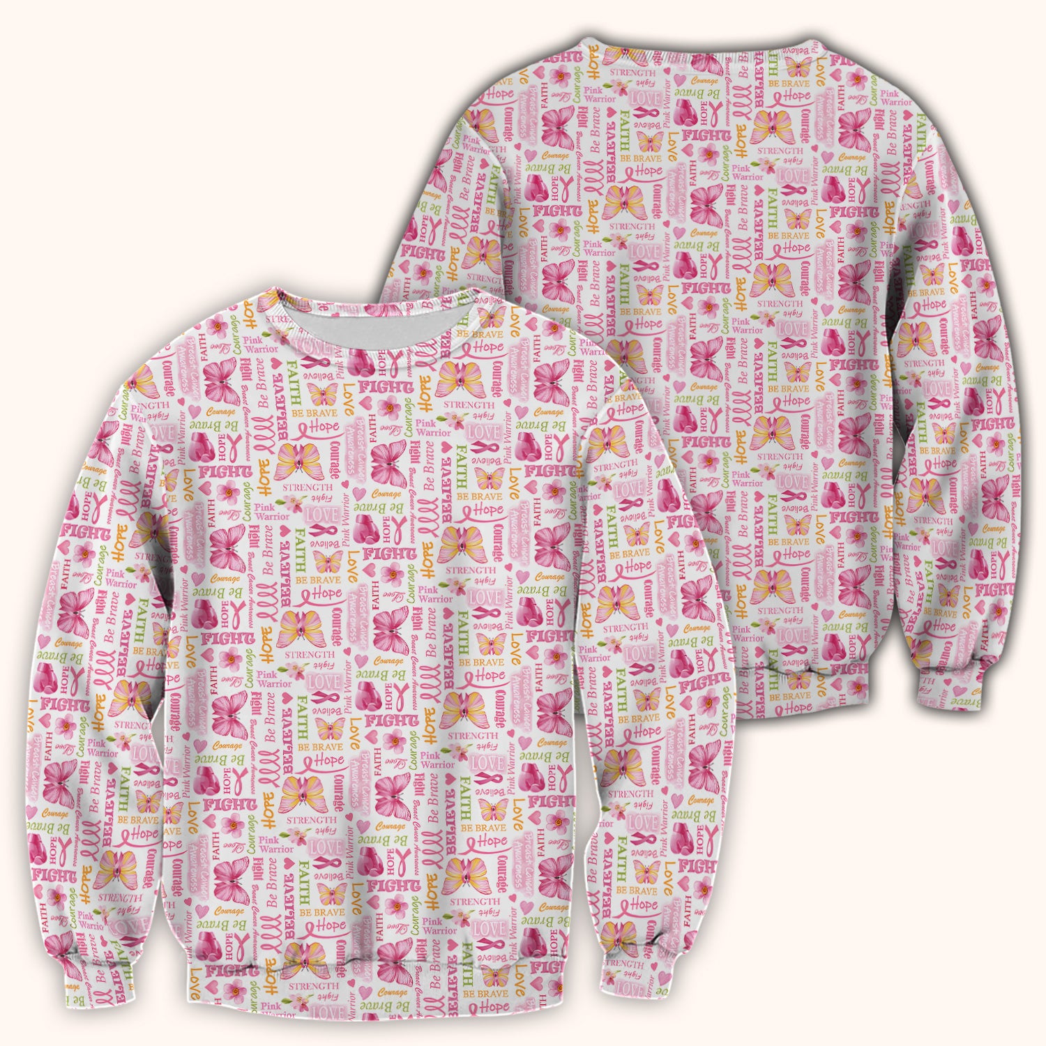 Pink Ribbon Butterfly Print Scrub Top, Comfortable Scrubs for Nurses
