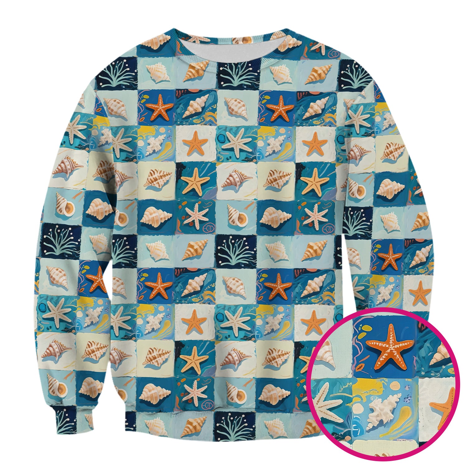 Cute Seashell Starfish Ocean Tile Pattern Scrub Top, Comfortable Scrubs for Nurses