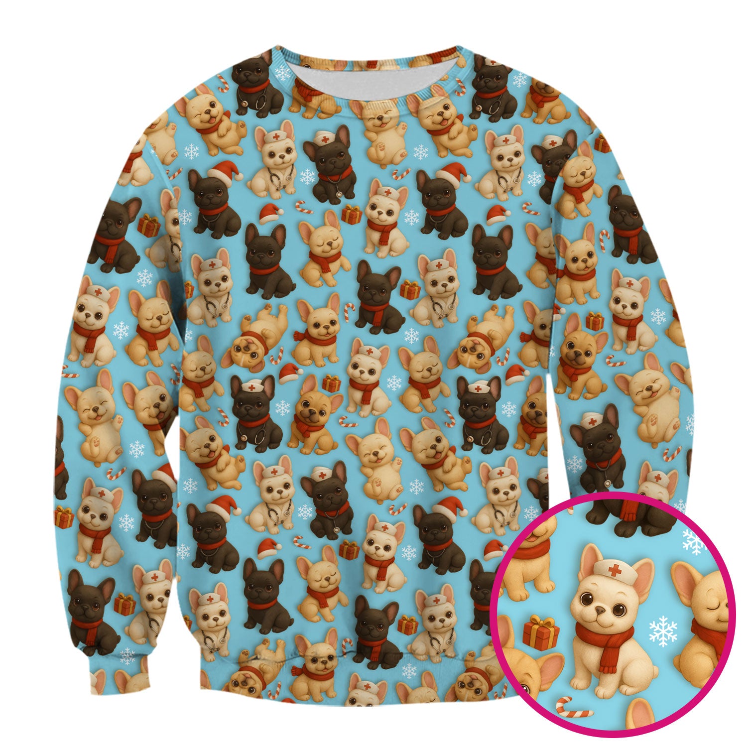 Christmas Dog Scrubs for Women - Cute French Bulldog Pattern Medical Scrub Top - Festive Holiday Nurse Scrubs with Adorable Puppy Design