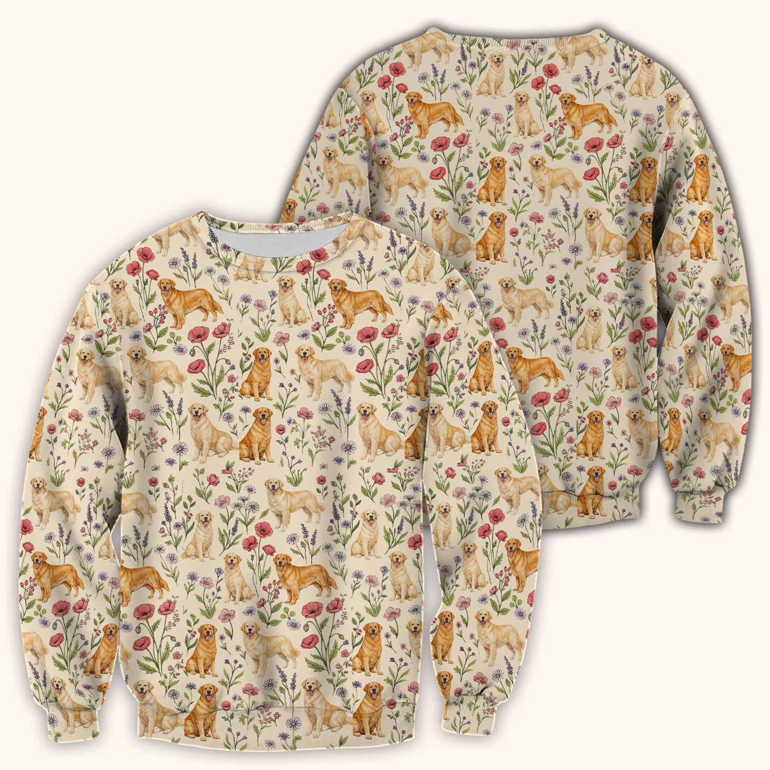 Cute Golden Retriever Floral Pattern Scrub Top, Breathable Fabrics Nursing Uniform