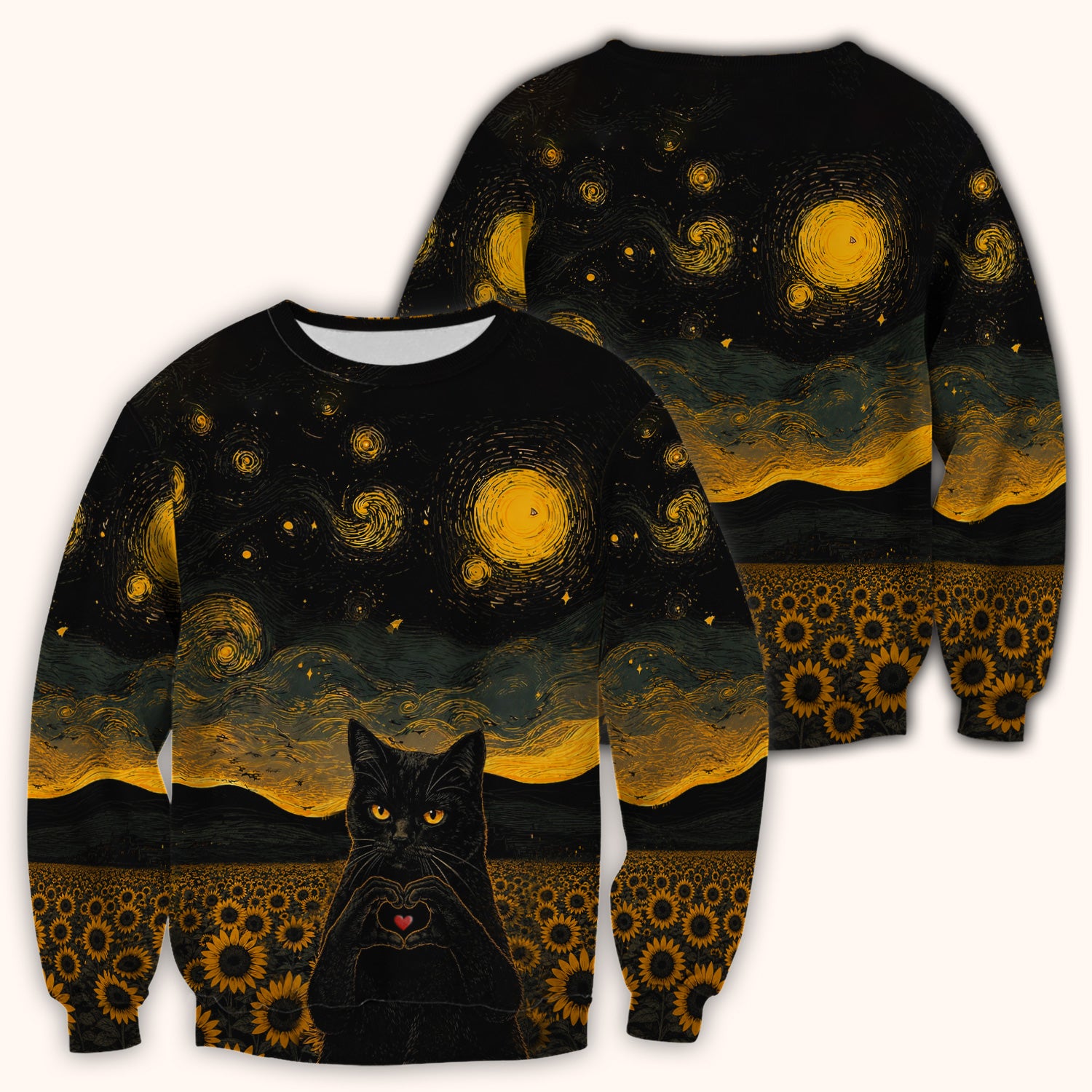Cute Black Cat Sunflower Night Pattern Scrub Top, Comfortable Scrubs for Nurses