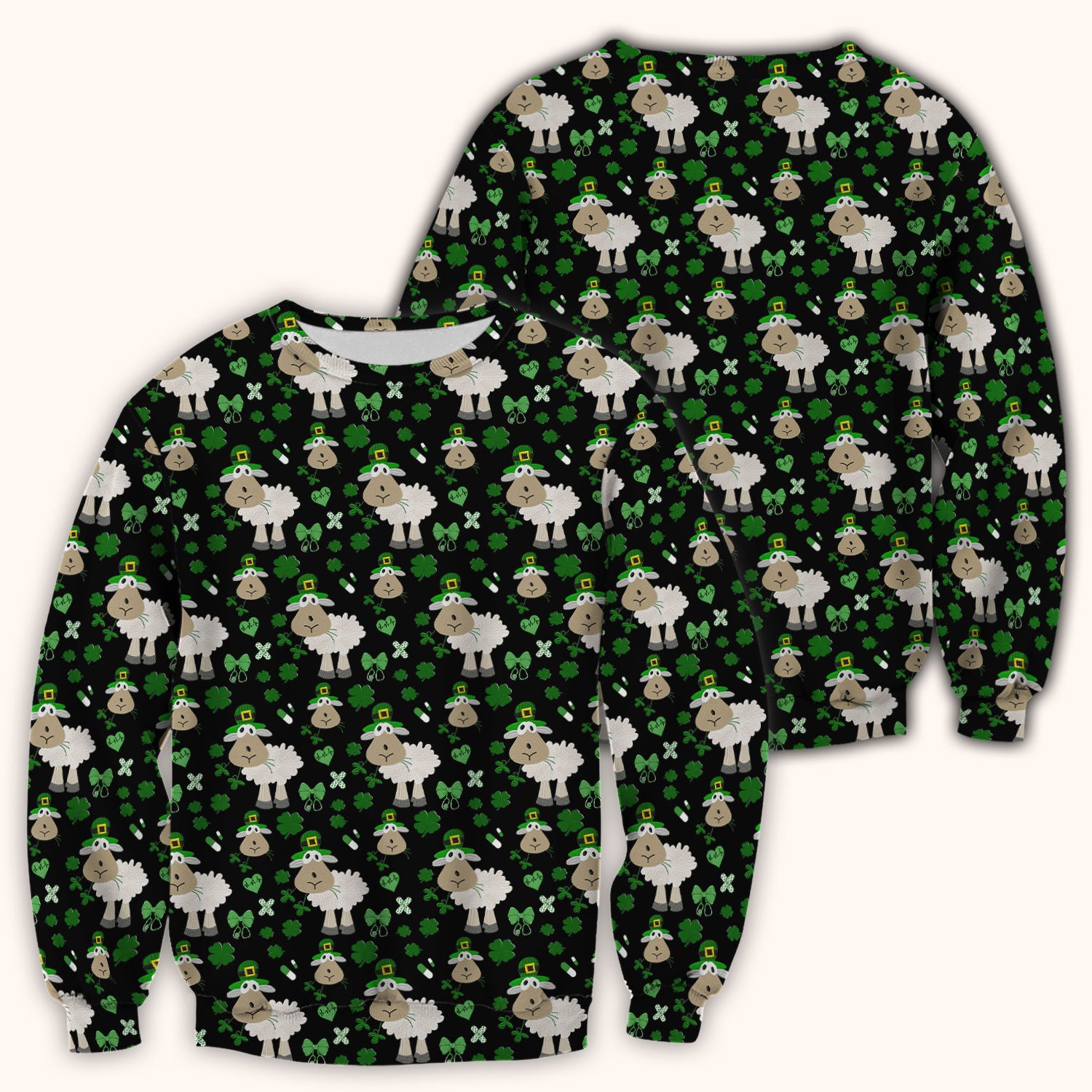 Nurse St. Patrick Scrubs Top, Cute Sheep Shamrock Pattern Nurse Shirt, Breathable Fabrics Nursing Uniform