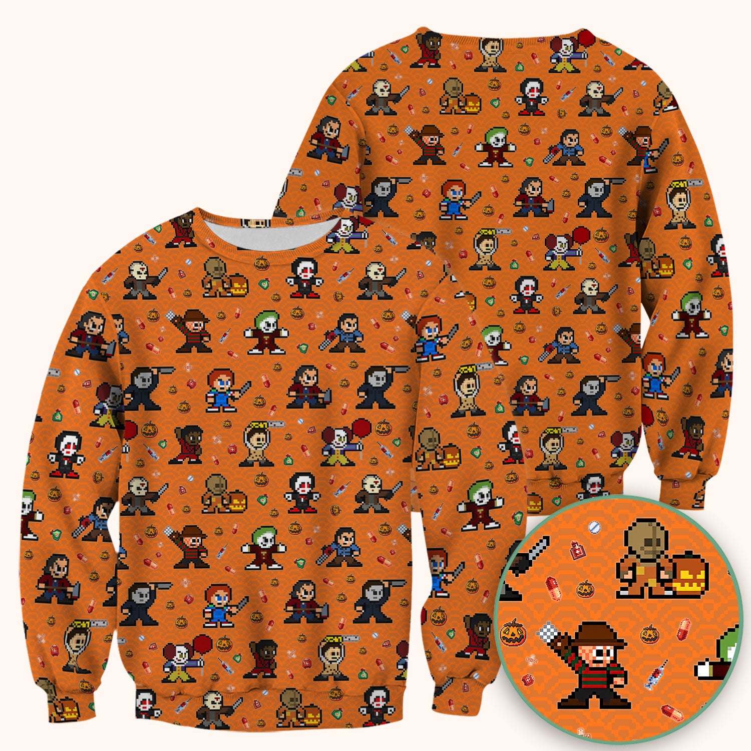 Halloween Horror Pixel Scrub - Retro Scary Character Med Uniform - Comfortable Scrubs for Nurses - Spooky Gift for RN LPN CNA