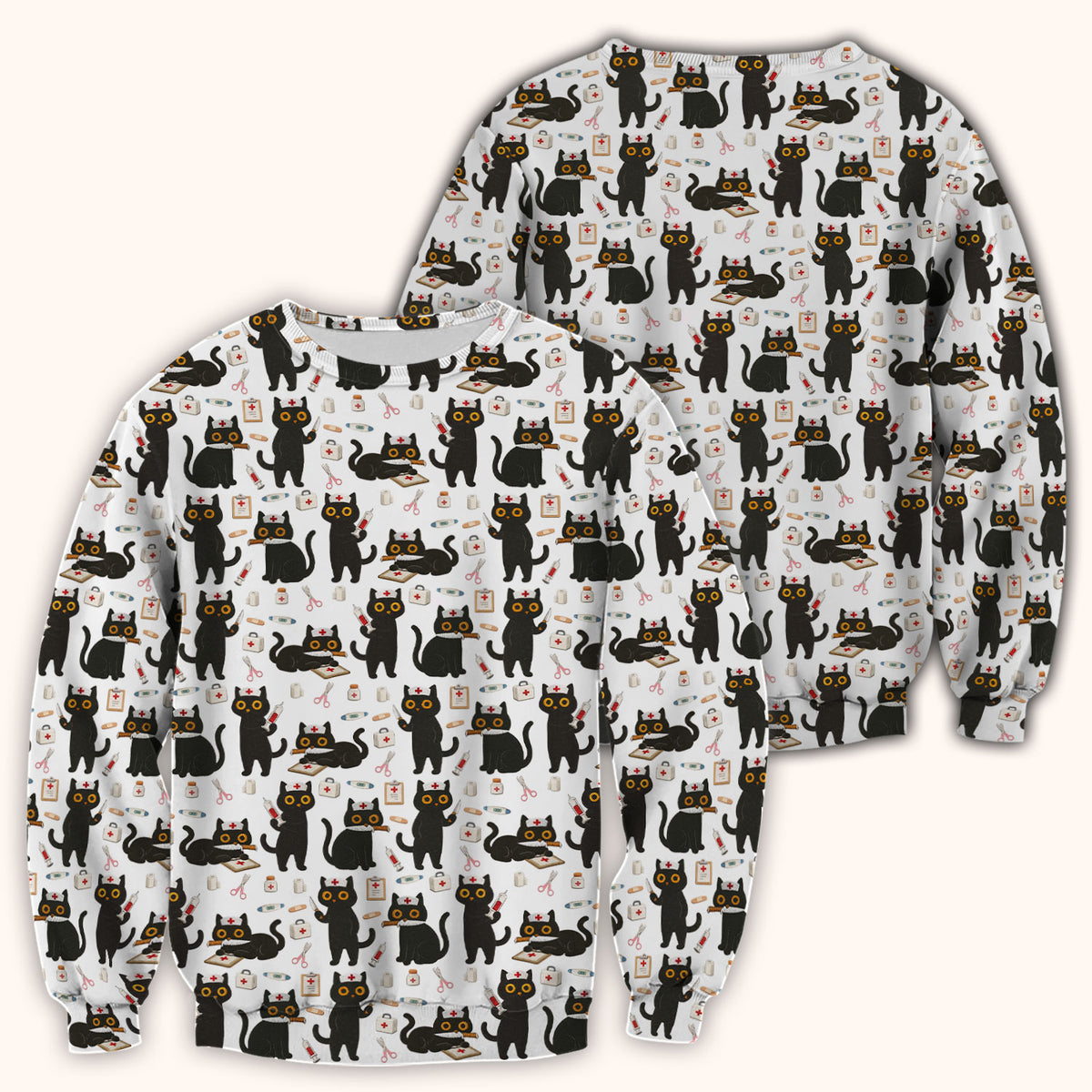 Cute Black Cat Nurse Pattern Scrub Top, Comfortable Scrubs for Nurses