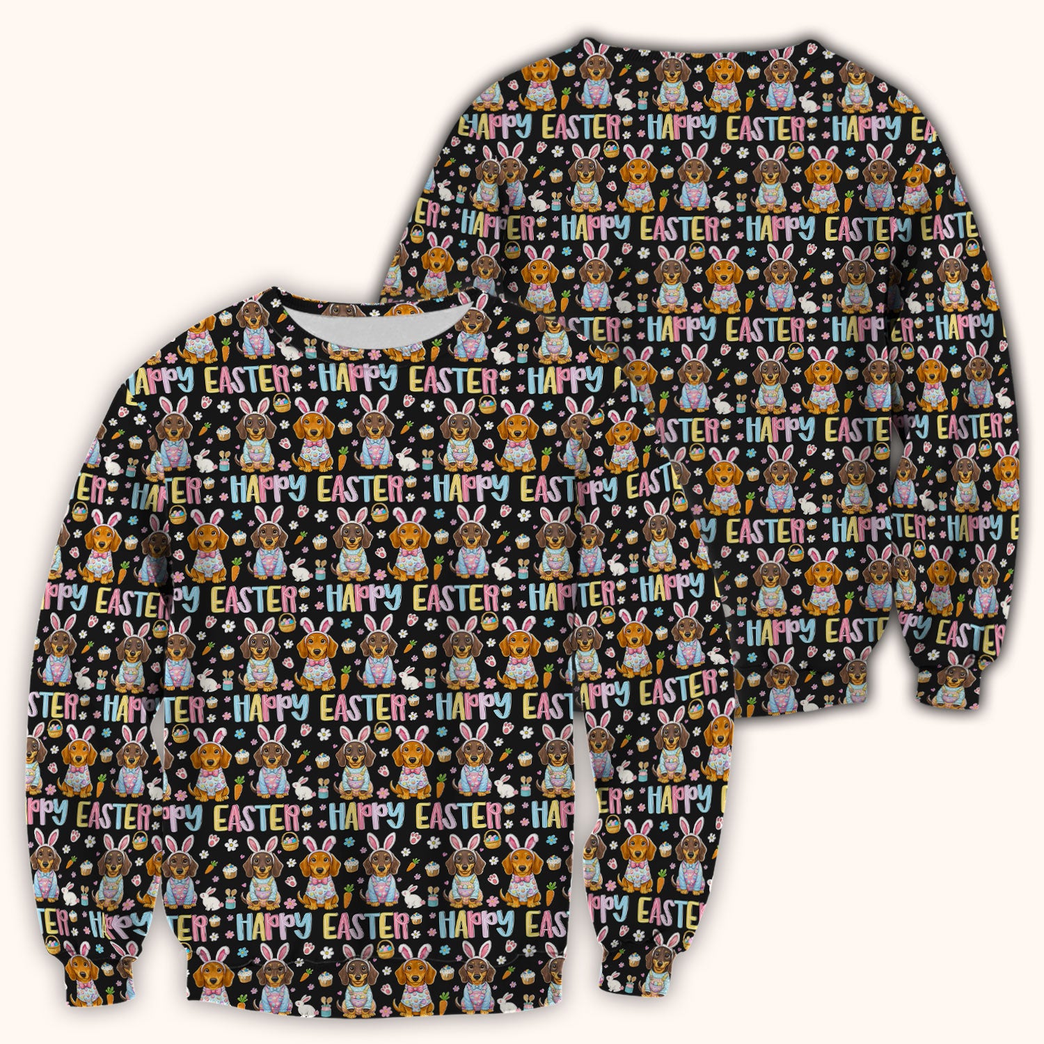 Happy Easter Dachshund Bunny Print Scrub Top, Comfortable Scrubs for Nurses