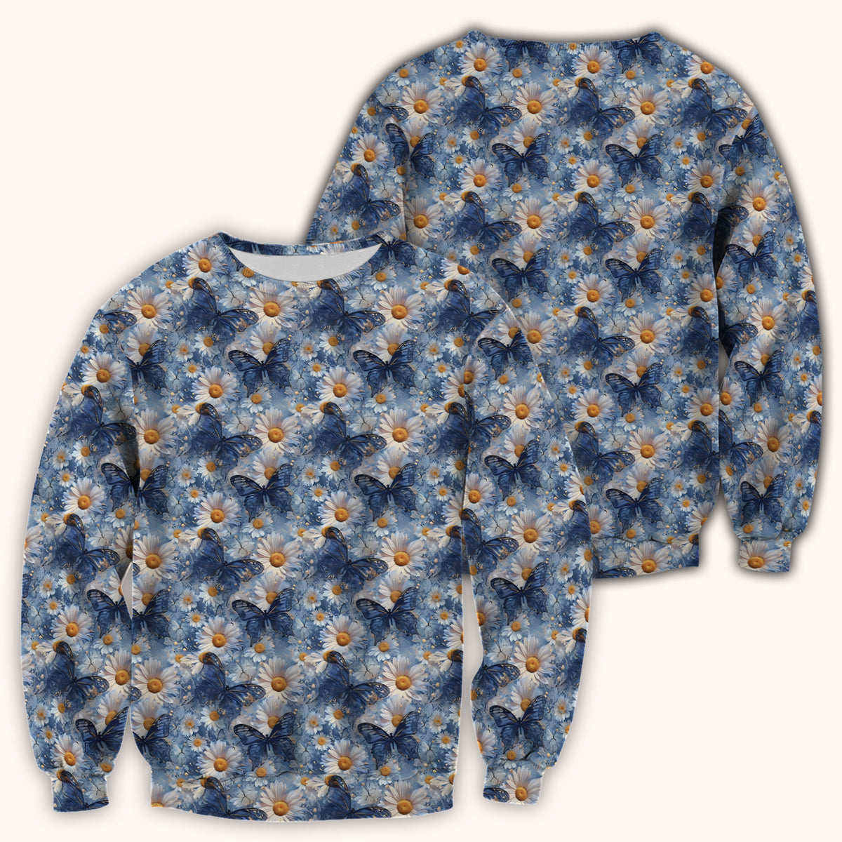 Blue Daisy Butterfly Print Scrub Top, Comfortable Scrubs for Nurses
