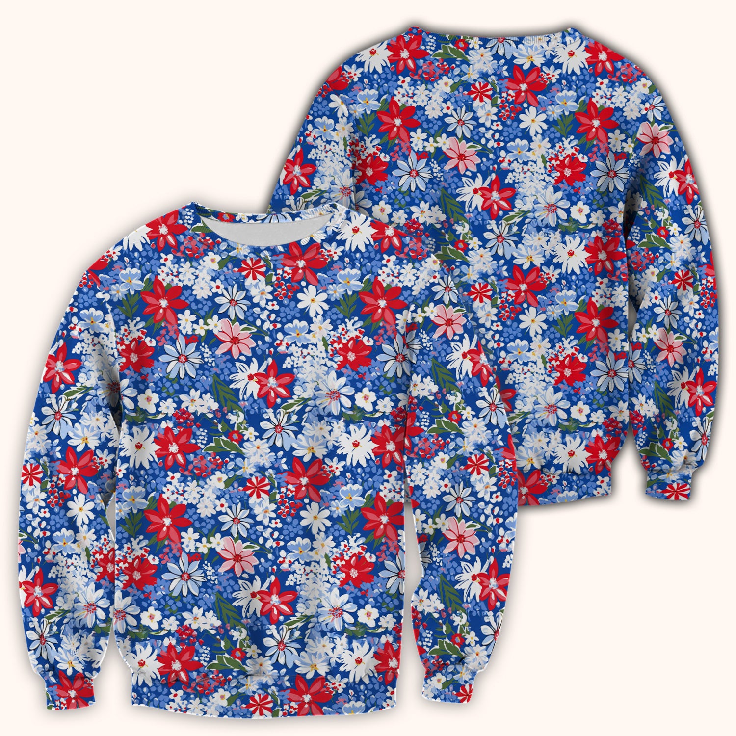 Patriotic Red White Blue Floral Garden Print Scrub Top, Comfortable Scrubs for Nurses