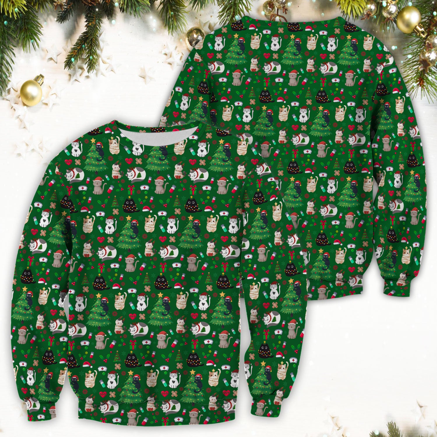 Christmas Cat Scrub Top, Xmas Pet Pattern Scrub Shirt, Breathable Fabrics Nursing Uniform