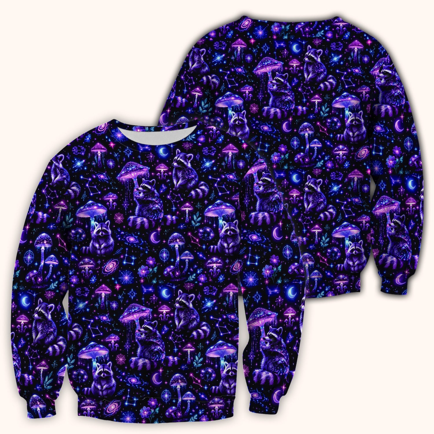 Cosmic Raccoon Mushroom Print Scrub Top, Comfortable Scrubs for Nurses
