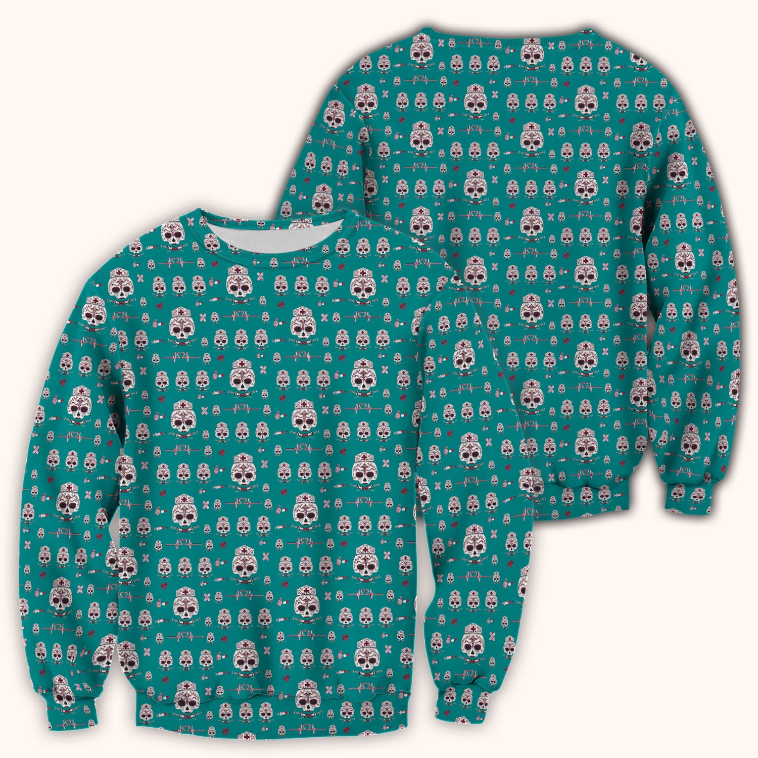 Sugar Skull Scrub Top, Skull Pattern Scrub Shirt, Breathable Fabrics Nursing Uniform
