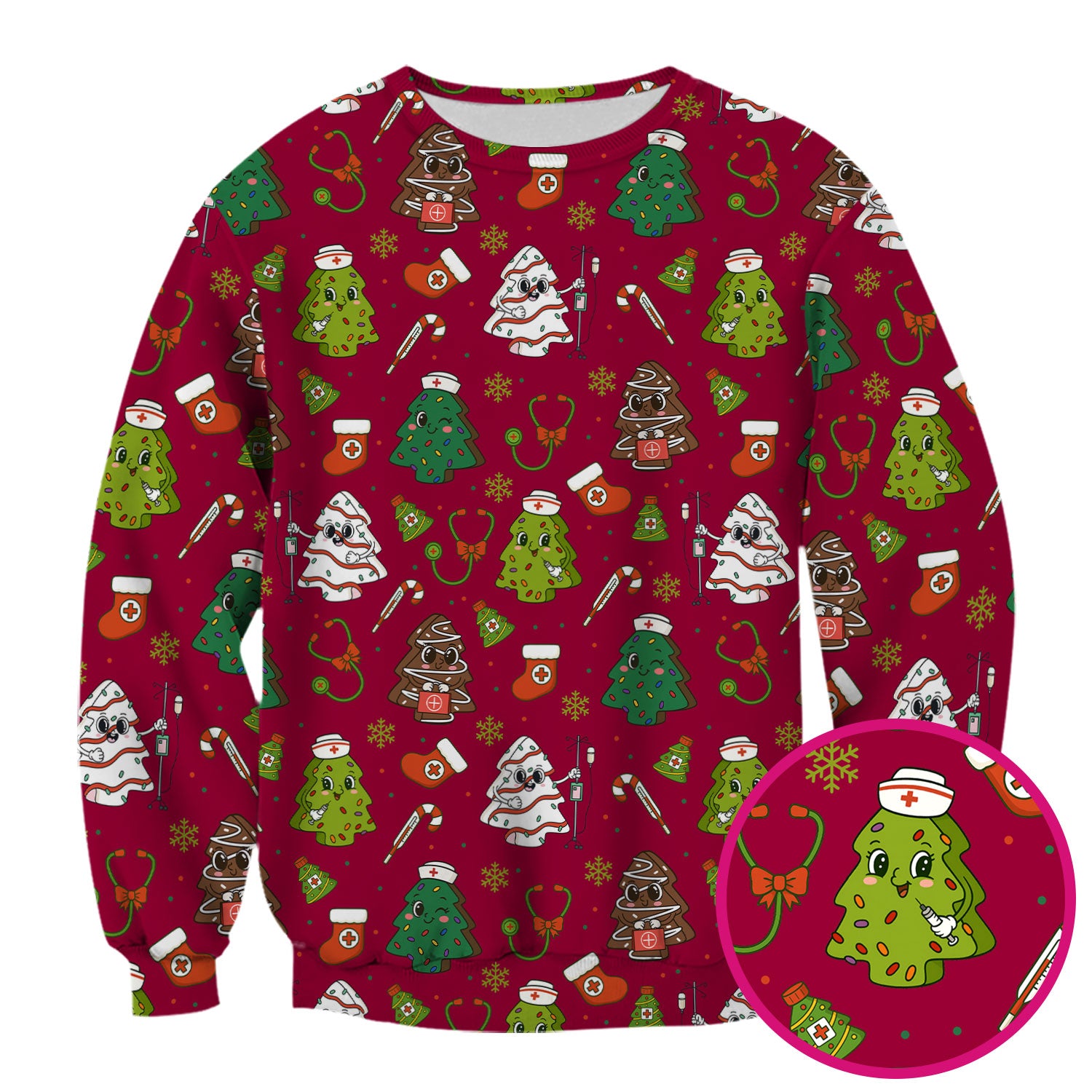 Funny Christmas Nurse Scrub Top - Adorable Tree Pattern Holiday Shirt - Cute Gift for Women RN LPN CNA