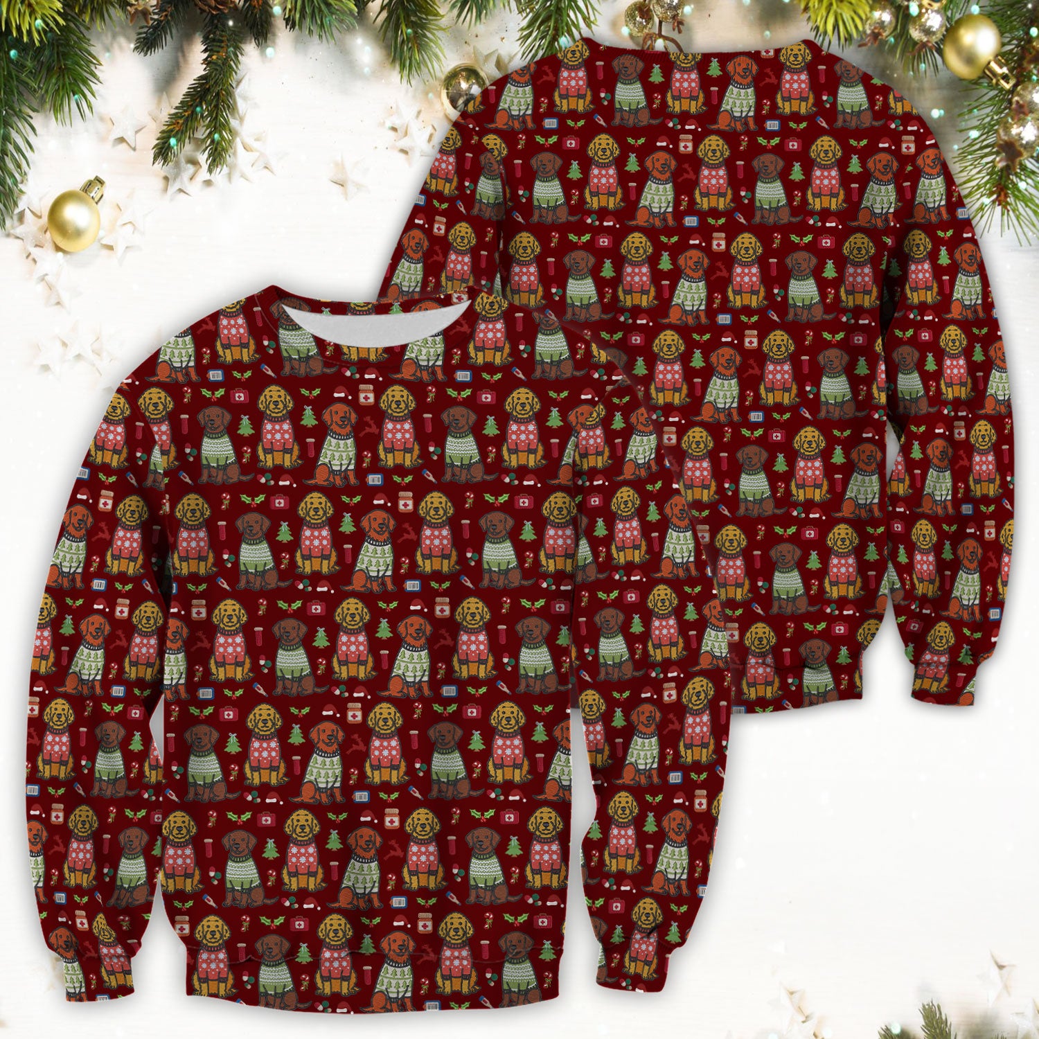 Golden Retriever Christmas Scrub Top, Cute Holiday Dog Nurse Pattern Shirt, Breathable Fabrics Nursing Uniform