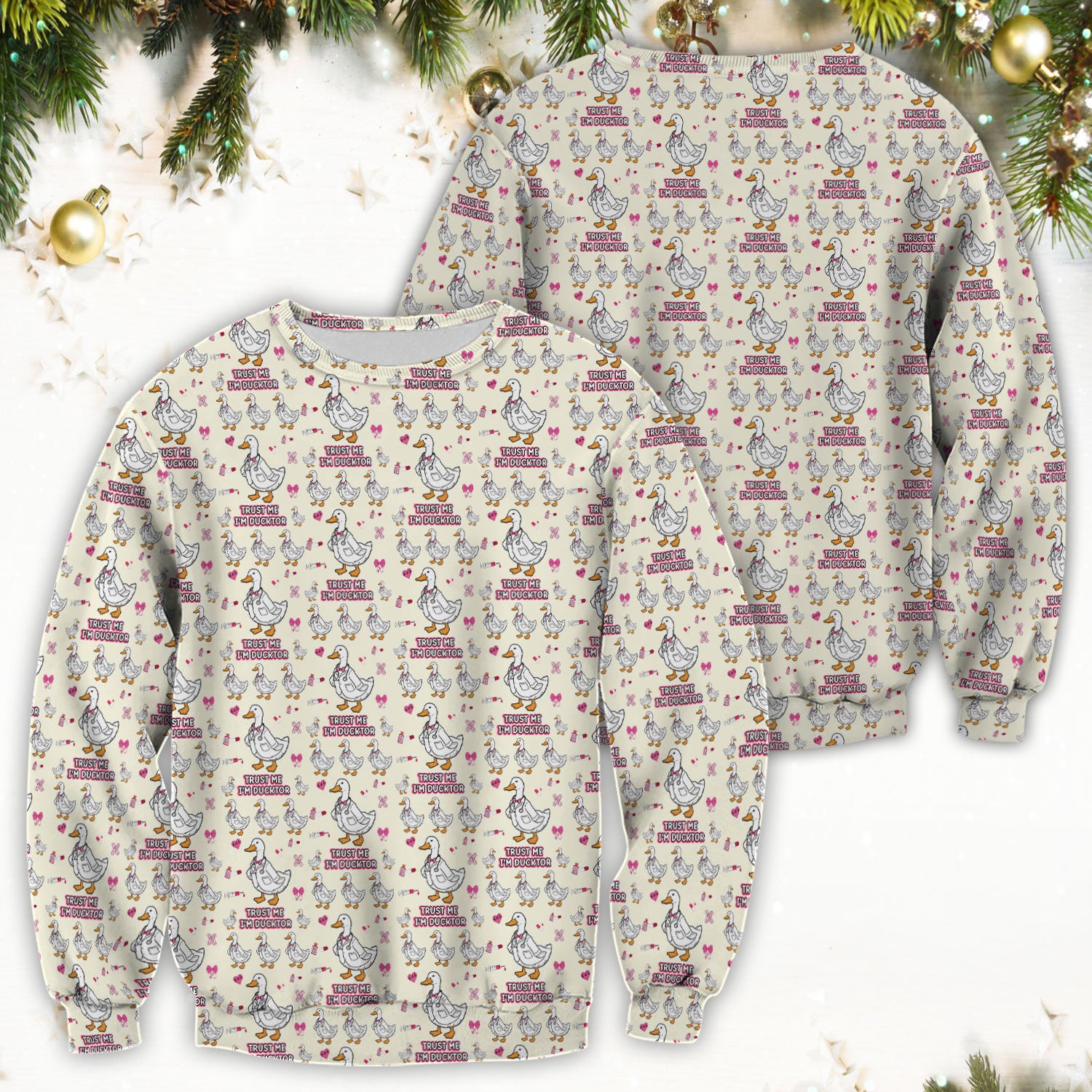 Trust Me I'm Ducktor Scrub Top, Funny Duck Pattern Scrub Shirt, Breathable Fabrics Nursing Uniform For Women