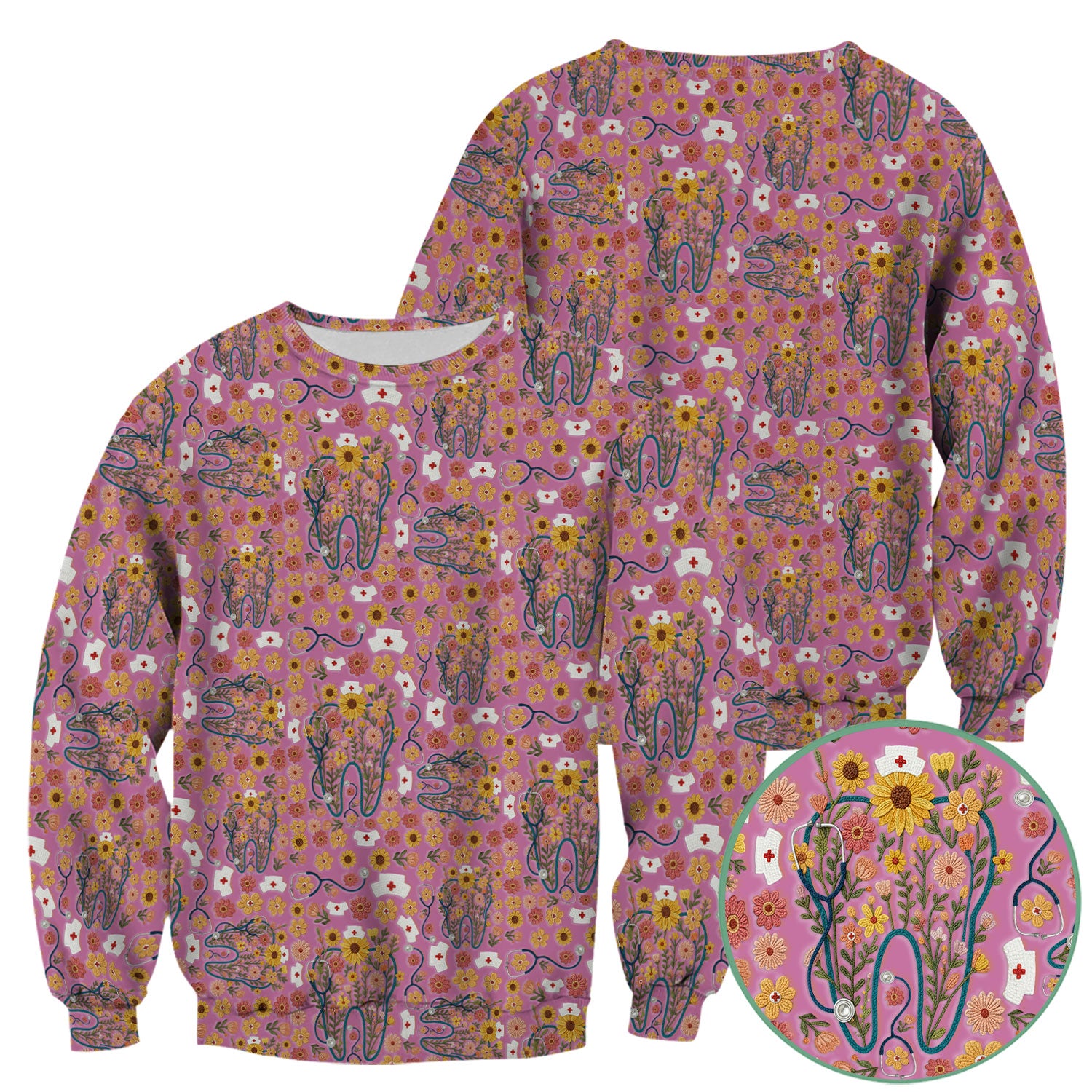 Boho Floral Tooth Scrub Top - Aesthetic Dental Scrubs for Women - Cute Flower Tooth Pattern Medical Uniform - Hygienist Christmas Gift
