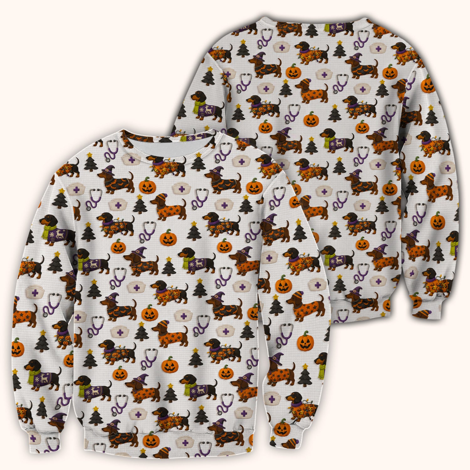 Halloween Dachshund with Pumpkin Stethoscope Print Scrub Top, Comfortable Scrubs for Nurses