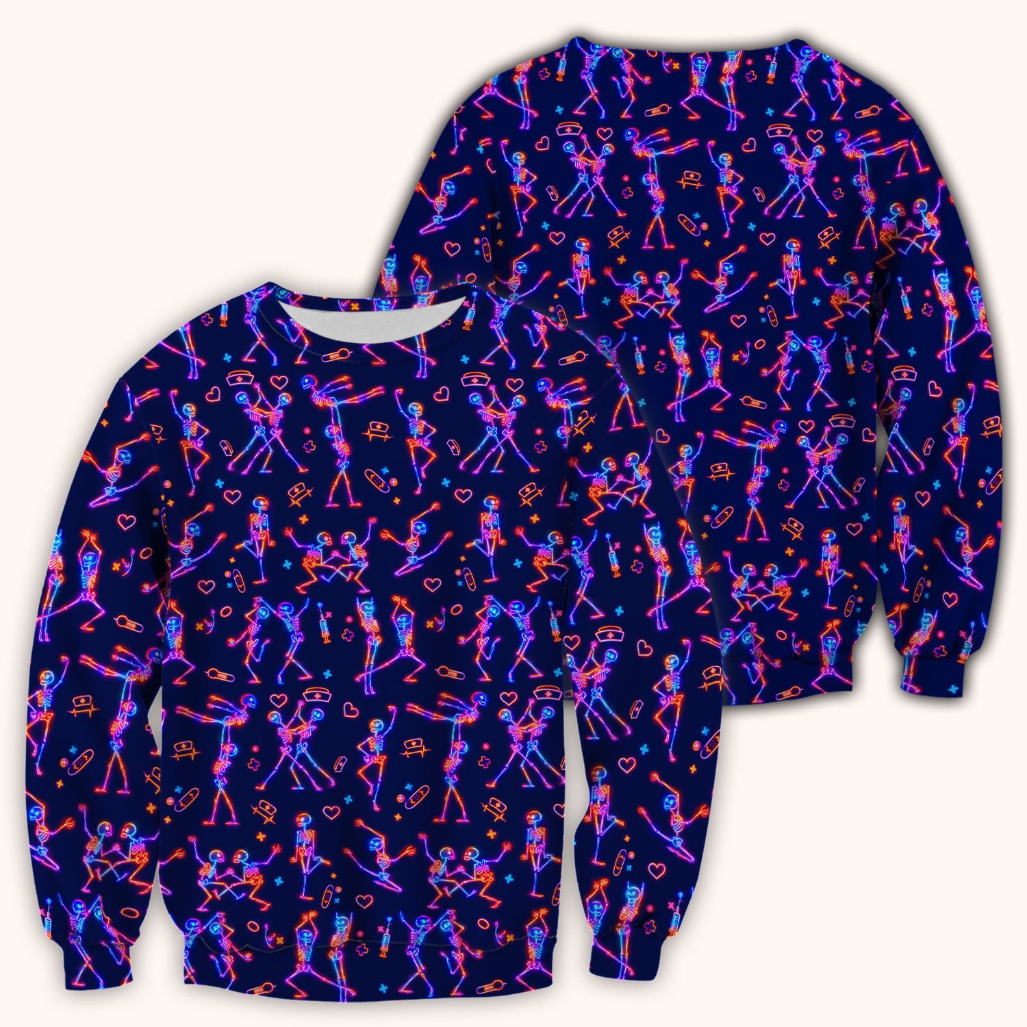 Neon Dancing Skeleton Medical Pattern Scrub Top, Comfortable Scrubs for Nurses