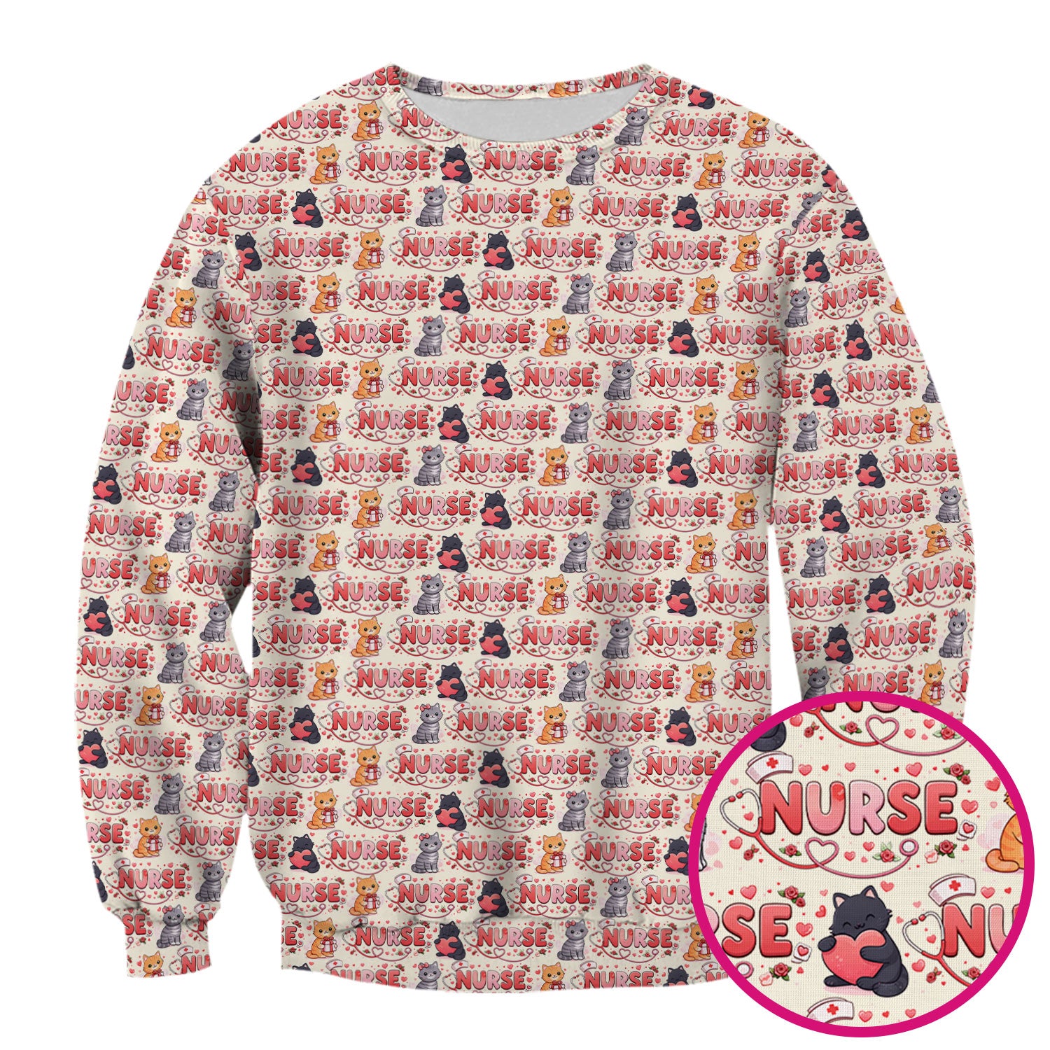 Nurse Cat Heart Pattern Valentine Scrub Top, Comfortable Scrubs for Nurses