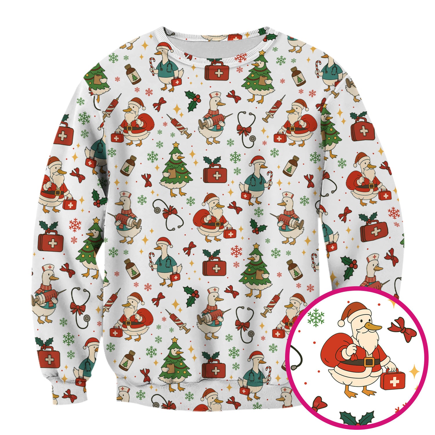 Christmas Duck Nurse Scrub Top for Women - Cute Santa Claus Pattern - Funny Holiday Nursing Shirt Gift for RN LPN CNA
