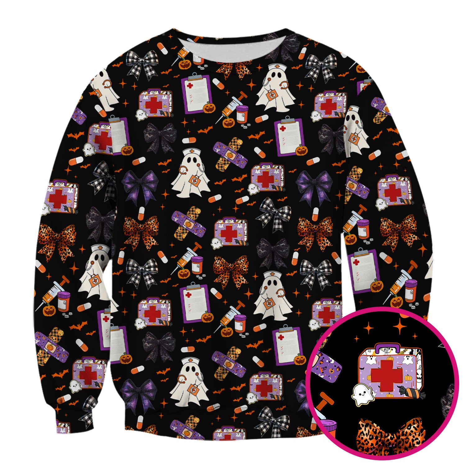 Halloween Nurse Scrub Top - Cute Ghost & Bow Medical Scrubs - Yellow Nursing Shirt with Colorful Halloween Print