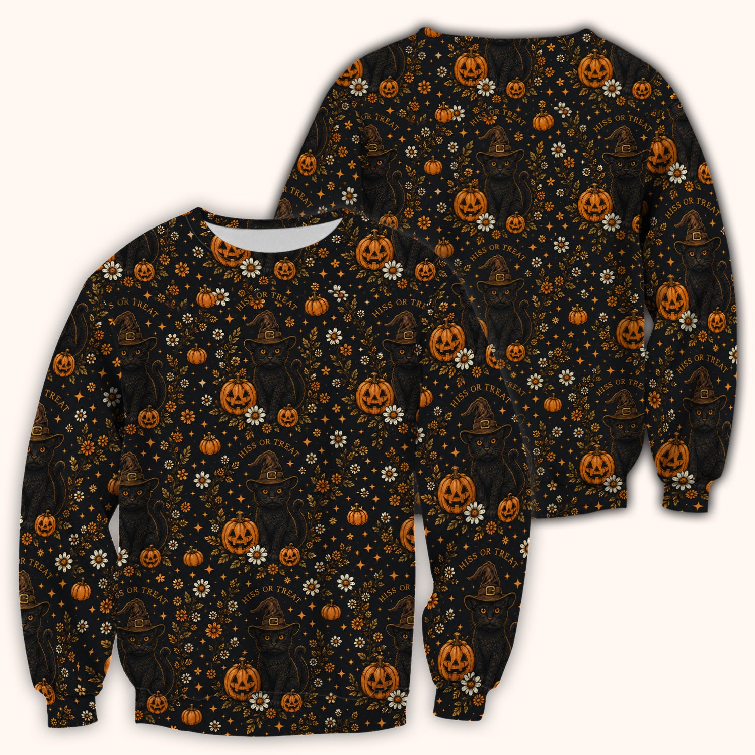 Halloween Black Cat Pumpkin Floral Scrub Top, Comfortable Scrubs for Nurses