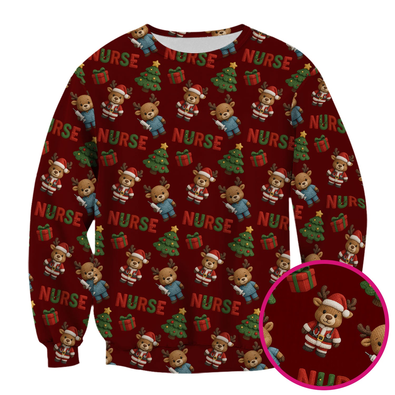 Reindeer Christmas Scrub Top, Cute Holiday Nurse Scrub Shirt, Festive Pattern Nursing Uniform