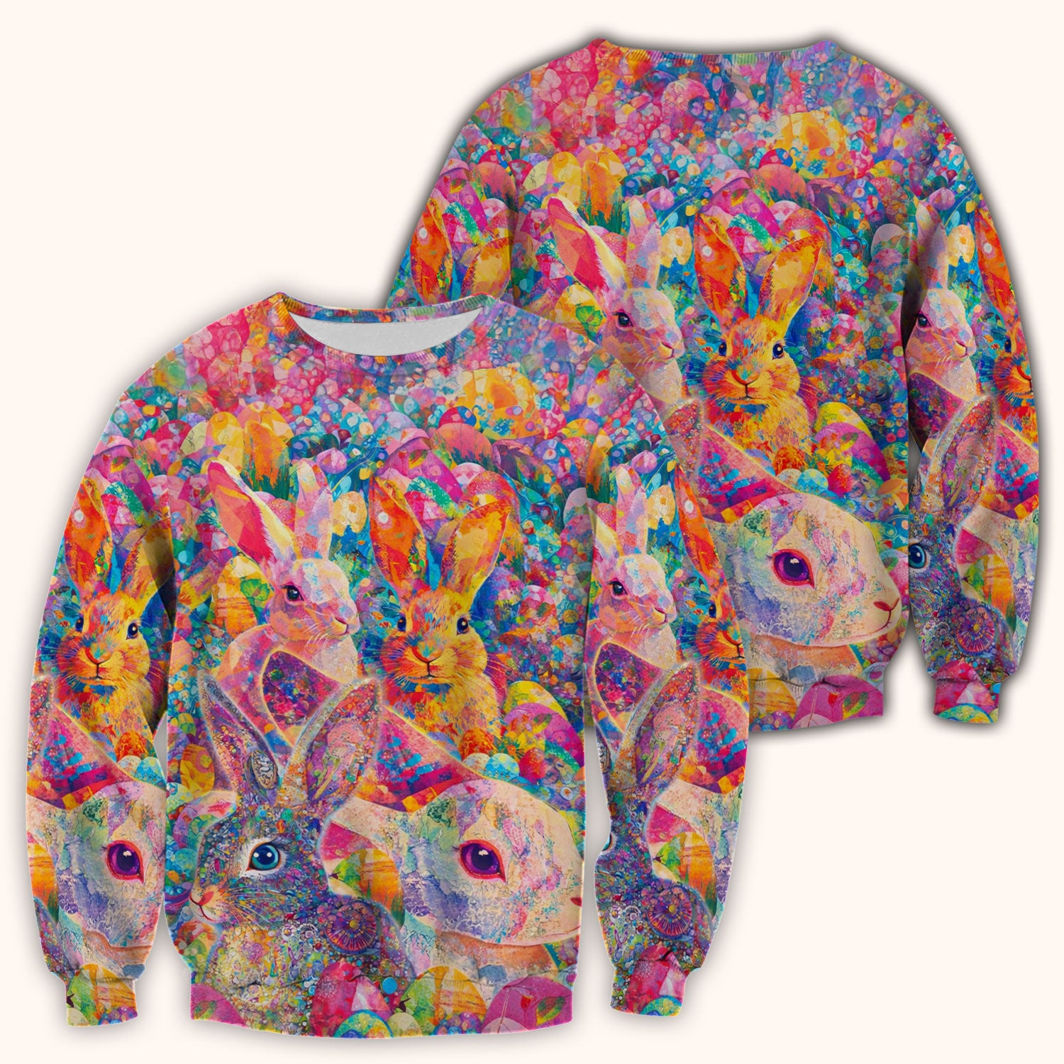 Colorful Artistic Bunny Print Scrub Top, Breathable Fabrics Nursing Uniform, Easter