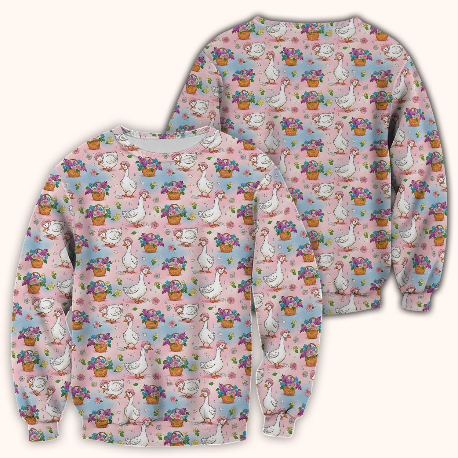 Cute Spring Goose Flower Basket Pattern Scrub Top, Comfortable Scrubs for Nurses