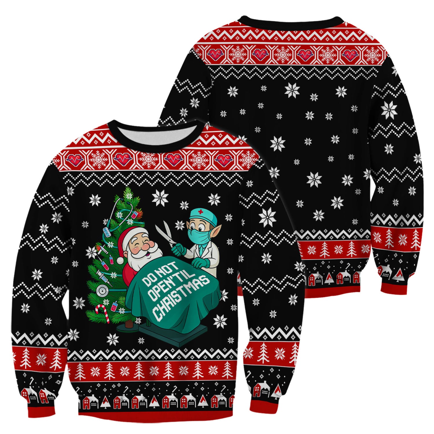 Funny Scrub Top for Women - Do Not Open Til Christmas Santa and Elf - Holiday Medical Uniform Gift for RN LPN CNA