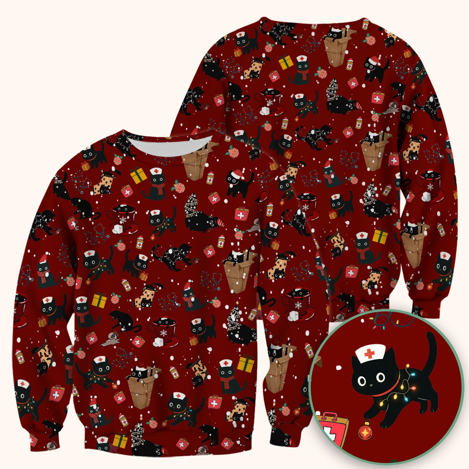 Funny Cat Scrub for Women - Christmas Black Cats Comfortable Scrubs for Nurses - Breathable Fabrics Nursing Uniform
